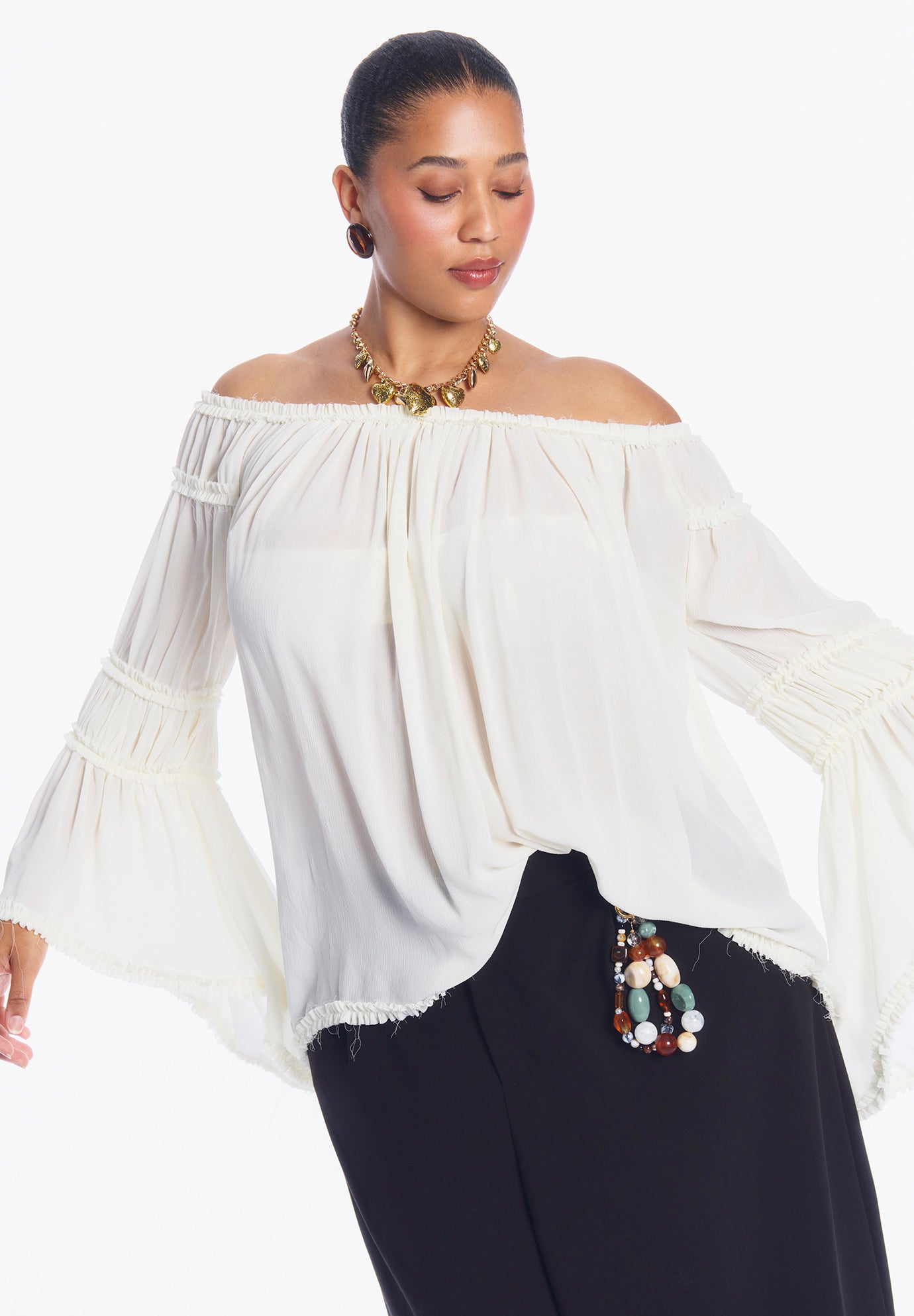 Sheer Crinkle Chiffon Off-The-Shoulder Top image number 2