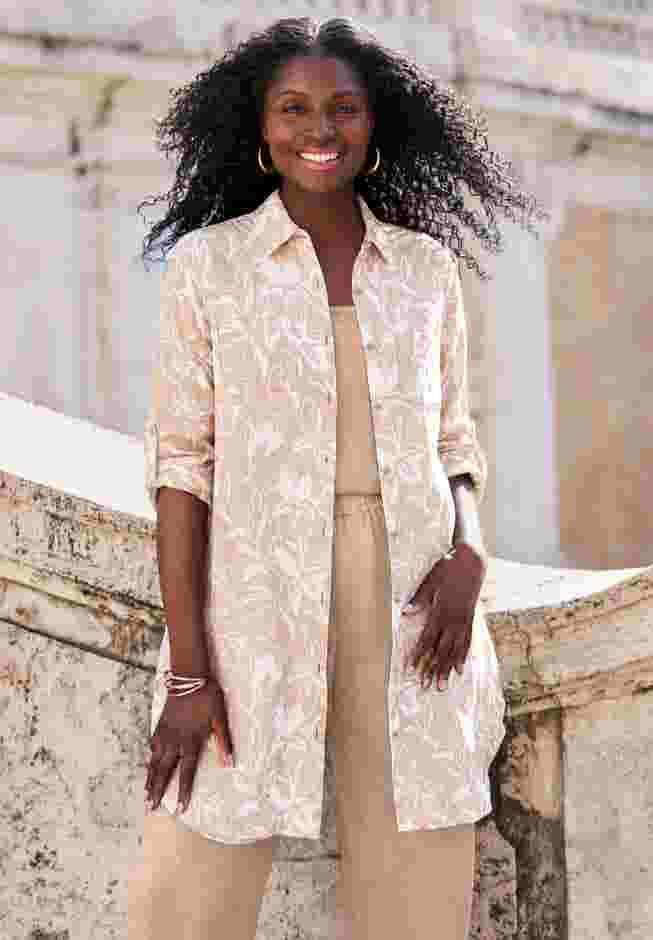 Linen Mega Tunic with 3/4 Roll-Tab Sleeves, New Khaki Tropical Garden ...