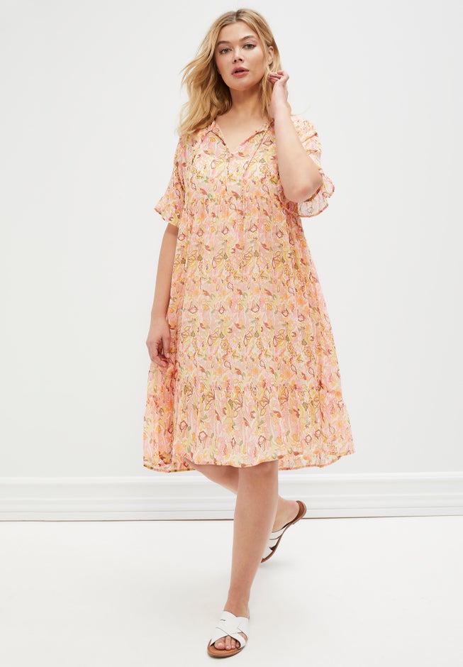 Sheer Ruffle Trim Dress With Keyhole Neckline image number 2