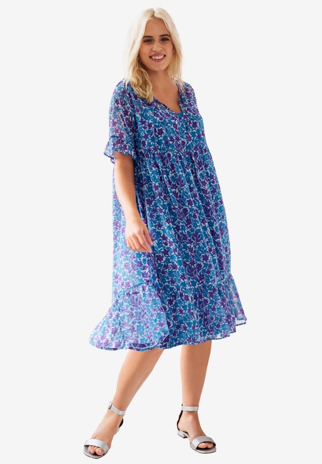 Sheer Ruffle Trim Dress With Keyhole Neckline image number 0