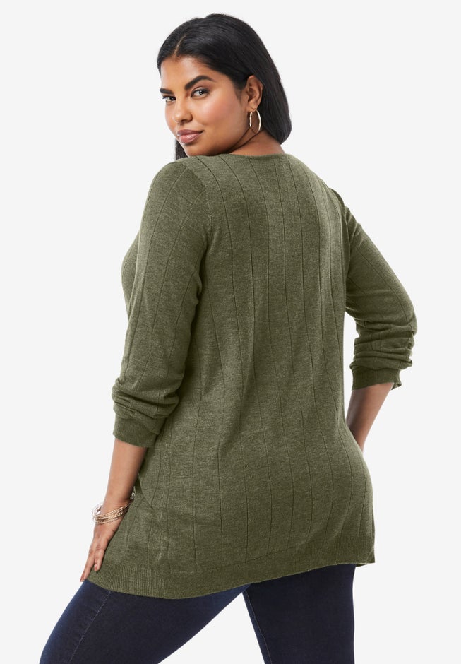 Plus Size Drop Needle V-Neck Lightweight Sweater Knit image number 2