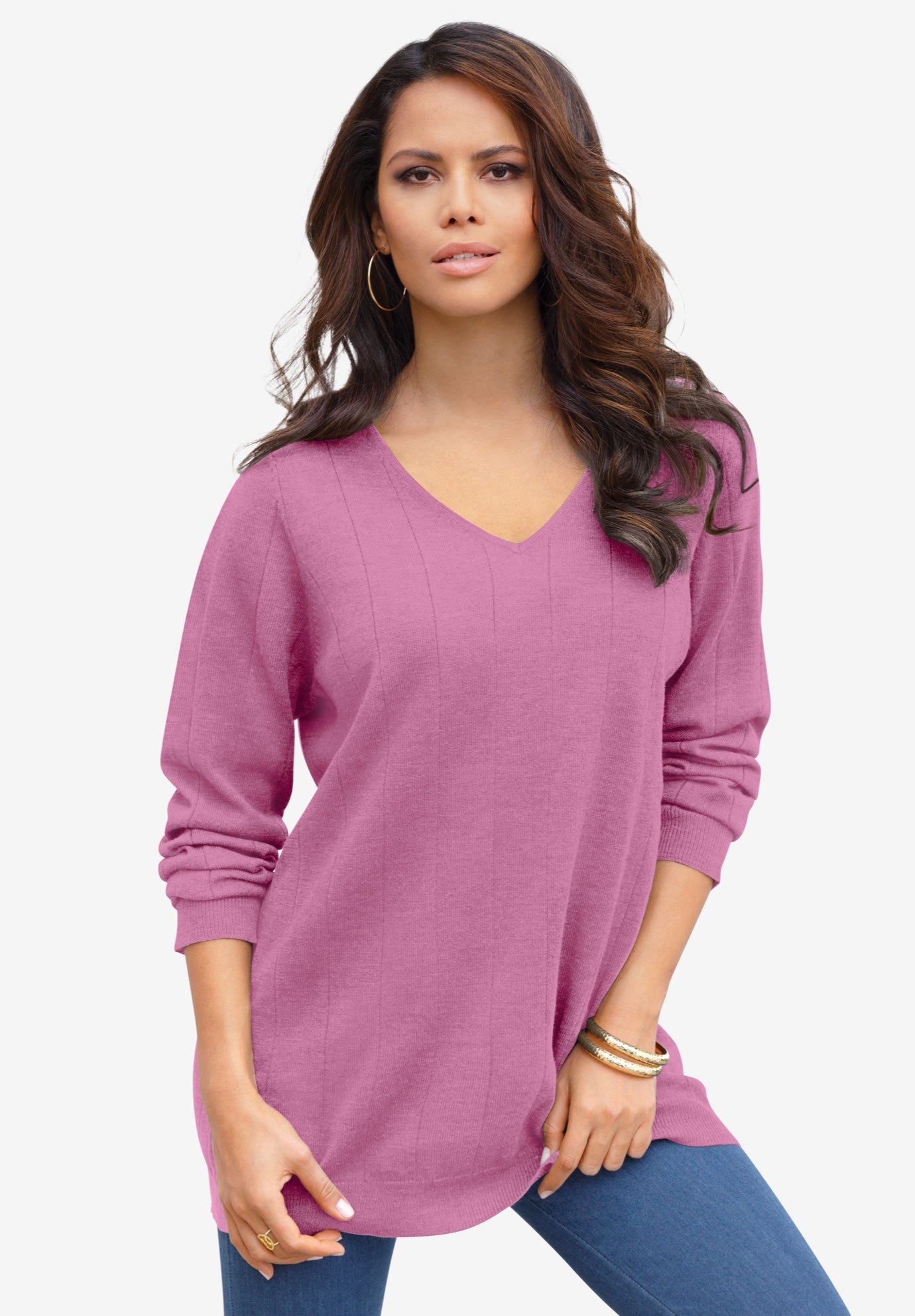 Plus Size Drop Needle V-Neck Lightweight Sweater Knit image number 1