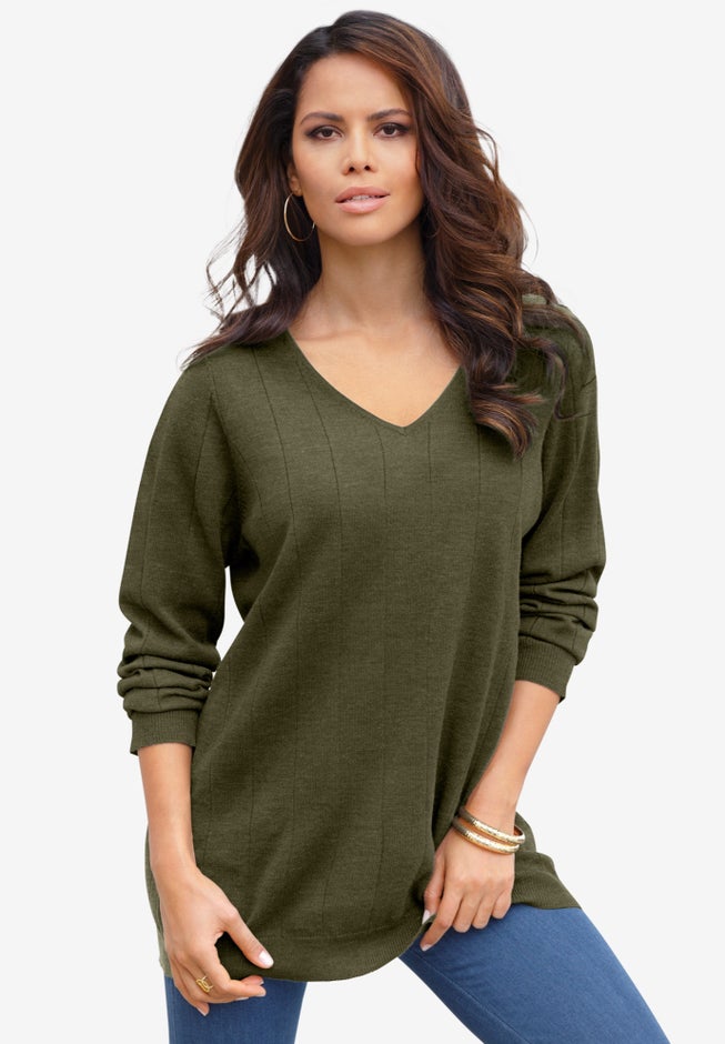 Plus Size Drop Needle V-Neck Lightweight Sweater Knit image number 1