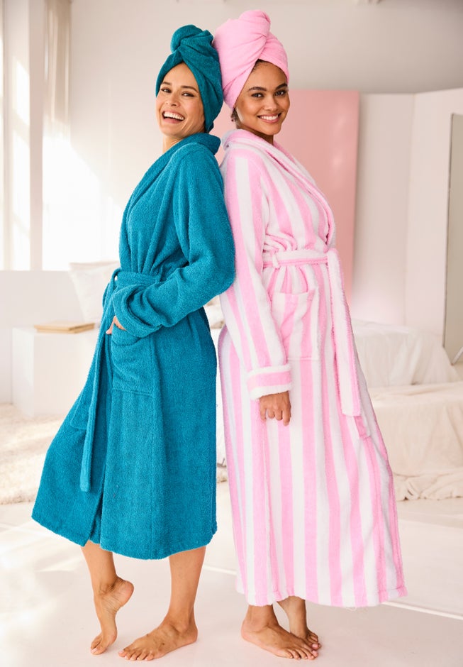 Dreams & Co. Plus Size Long Terry Robe - Pink Stripe Dreams & Co. Plus Size Long Terry Robe - Pink Stripe