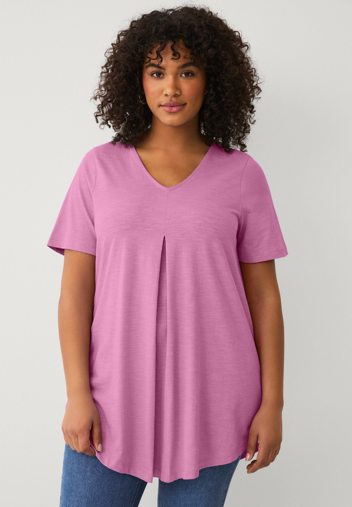 V-Neck Inverted Pleat Tunic with Curved Hem image number 0