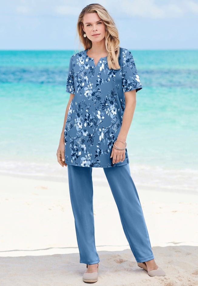 Plus Size Soft Knit Print Tunic with Notch Neckline image number 4