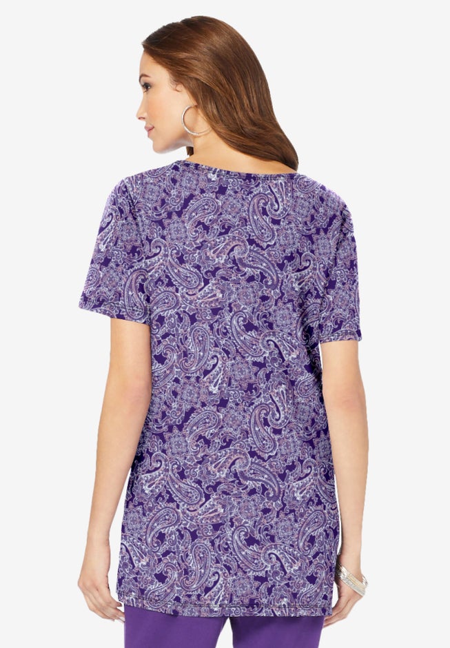 Plus Size Soft Knit Print Tunic with Notch Neckline image number 2