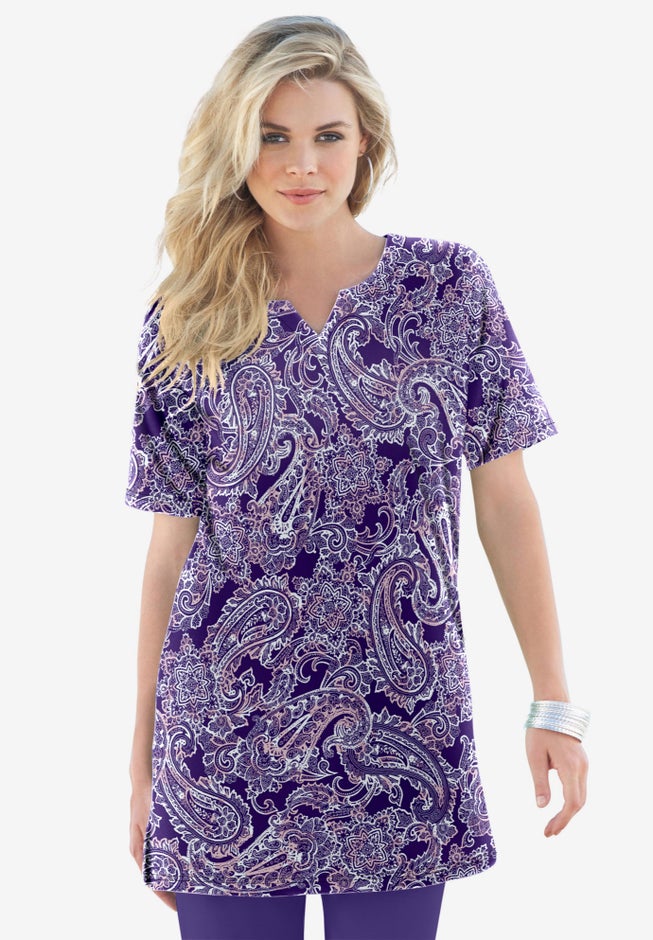 Plus Size Soft Knit Print Tunic with Notch Neckline image number 1