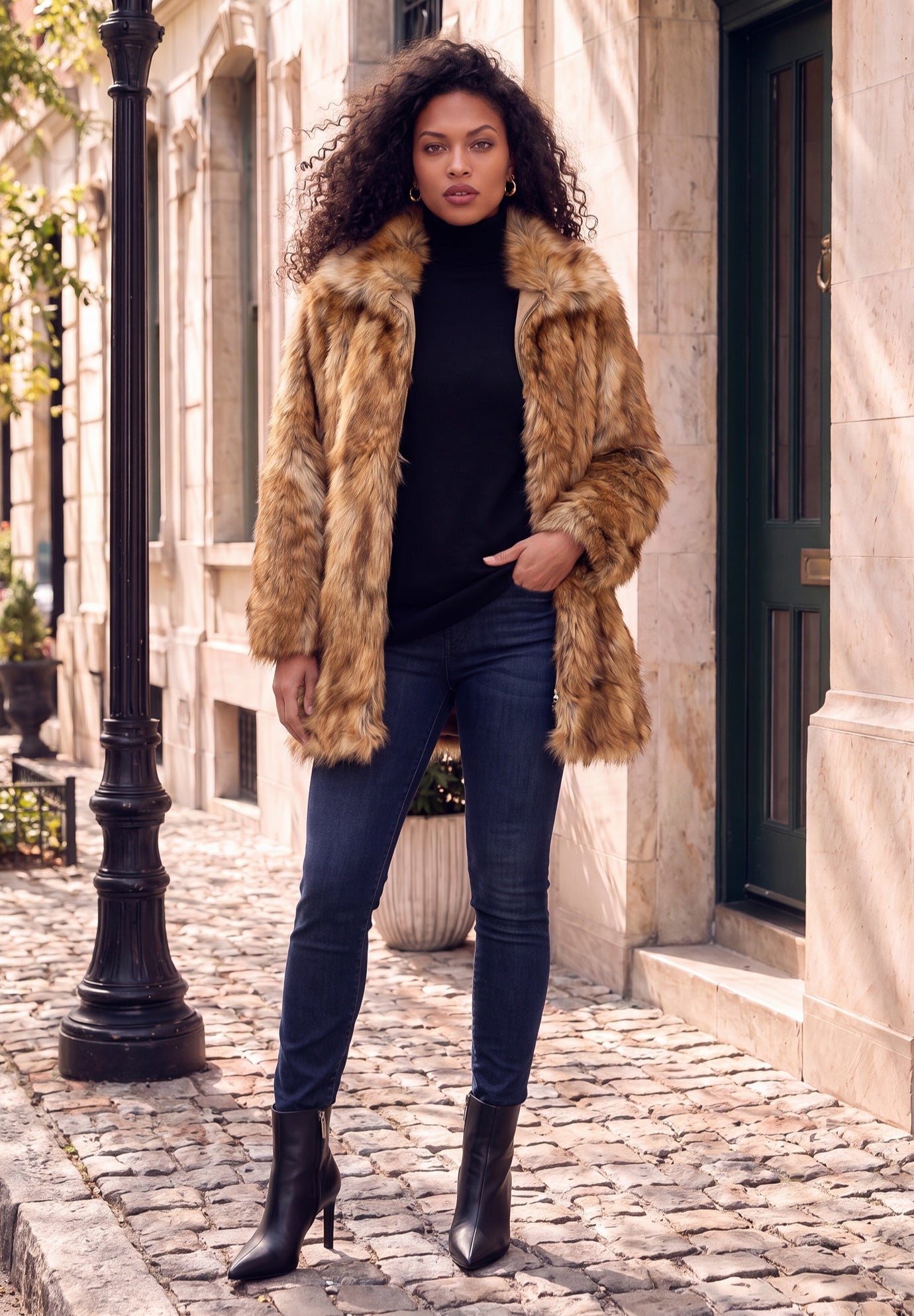 Plus Size Mid-Length Hooded Faux Fur Coat image number 0
