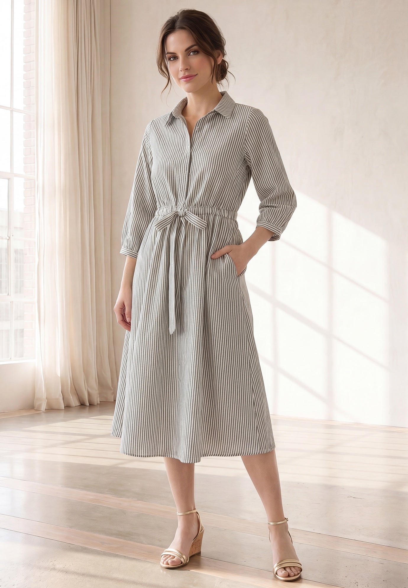 Linen-Blend Notch V-Neckline Drawstring Waist Midi Shirtdress image number 0