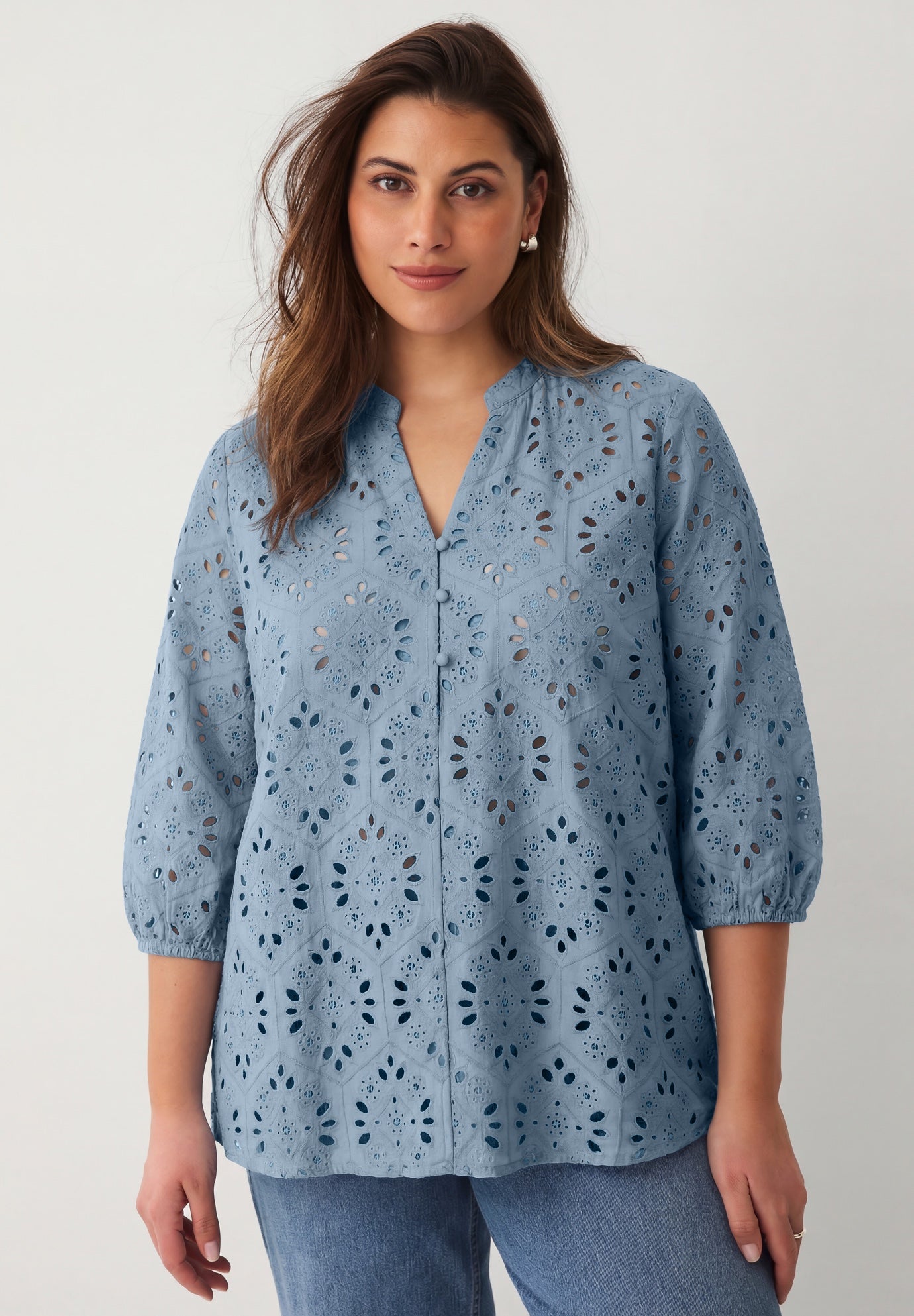 Eyelet Blouse With Notch V-neck & Blouson Sleeves image number 0
