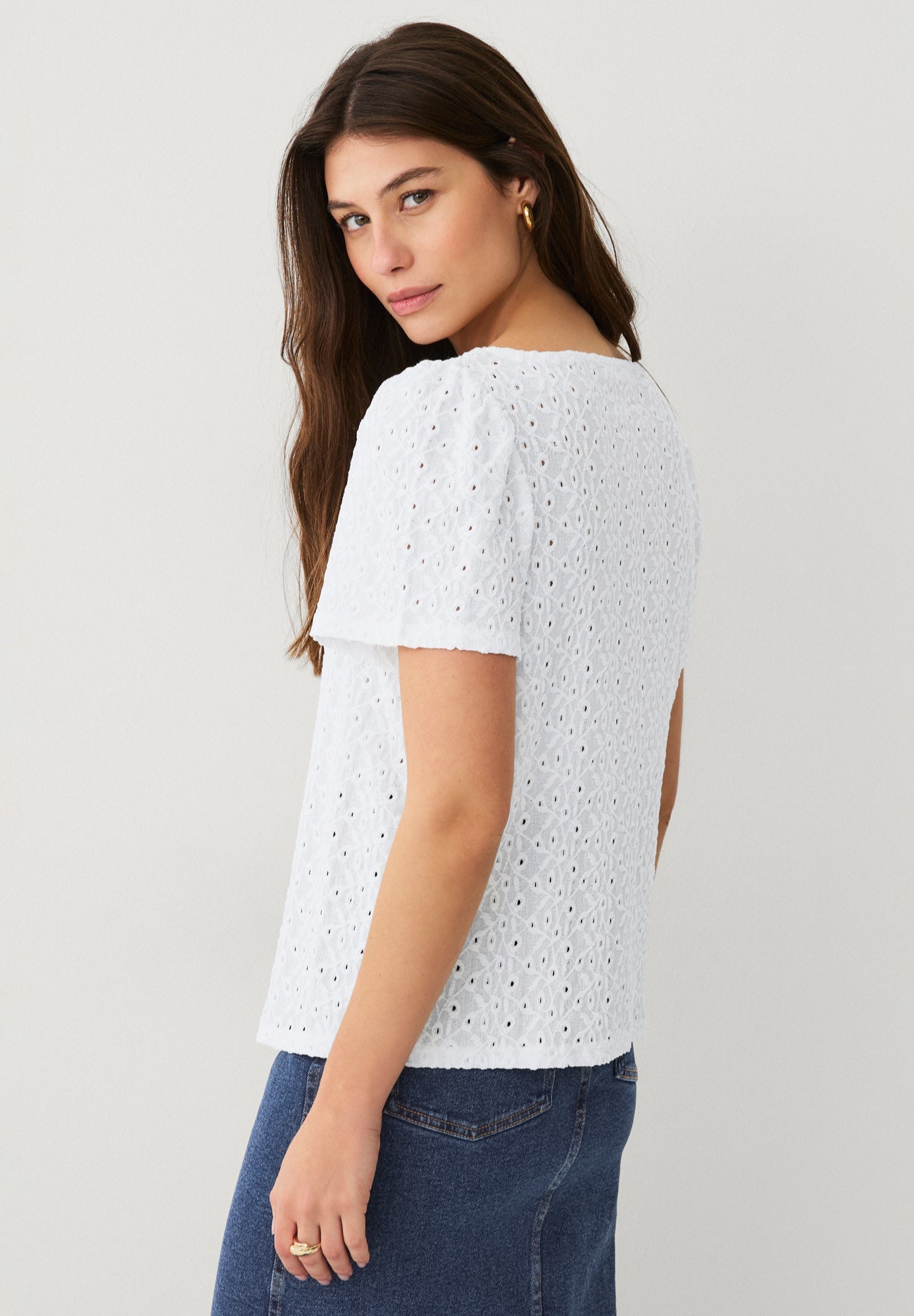 Boat Neck Flutter Sleeve Knit Eyelet Tee image number 1
