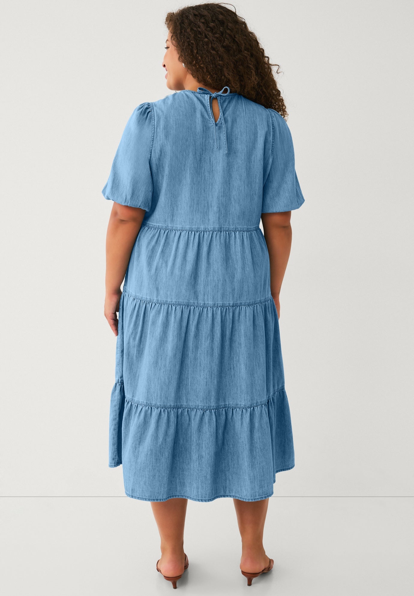 Lightweight Denim Short Sleeve Tiered Midi Dress image number 1
