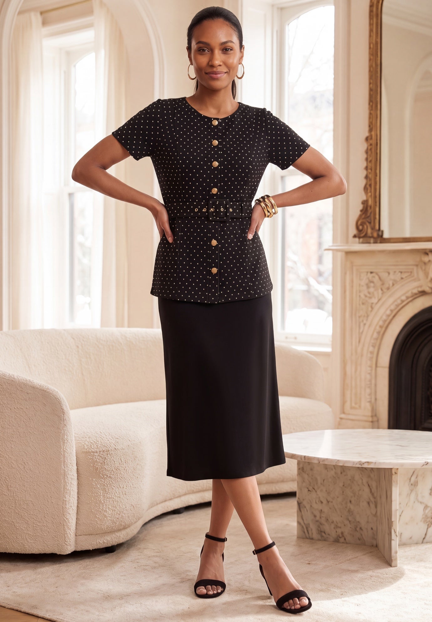 Stretch Knit Crepe Belted Skirt Set image number 0