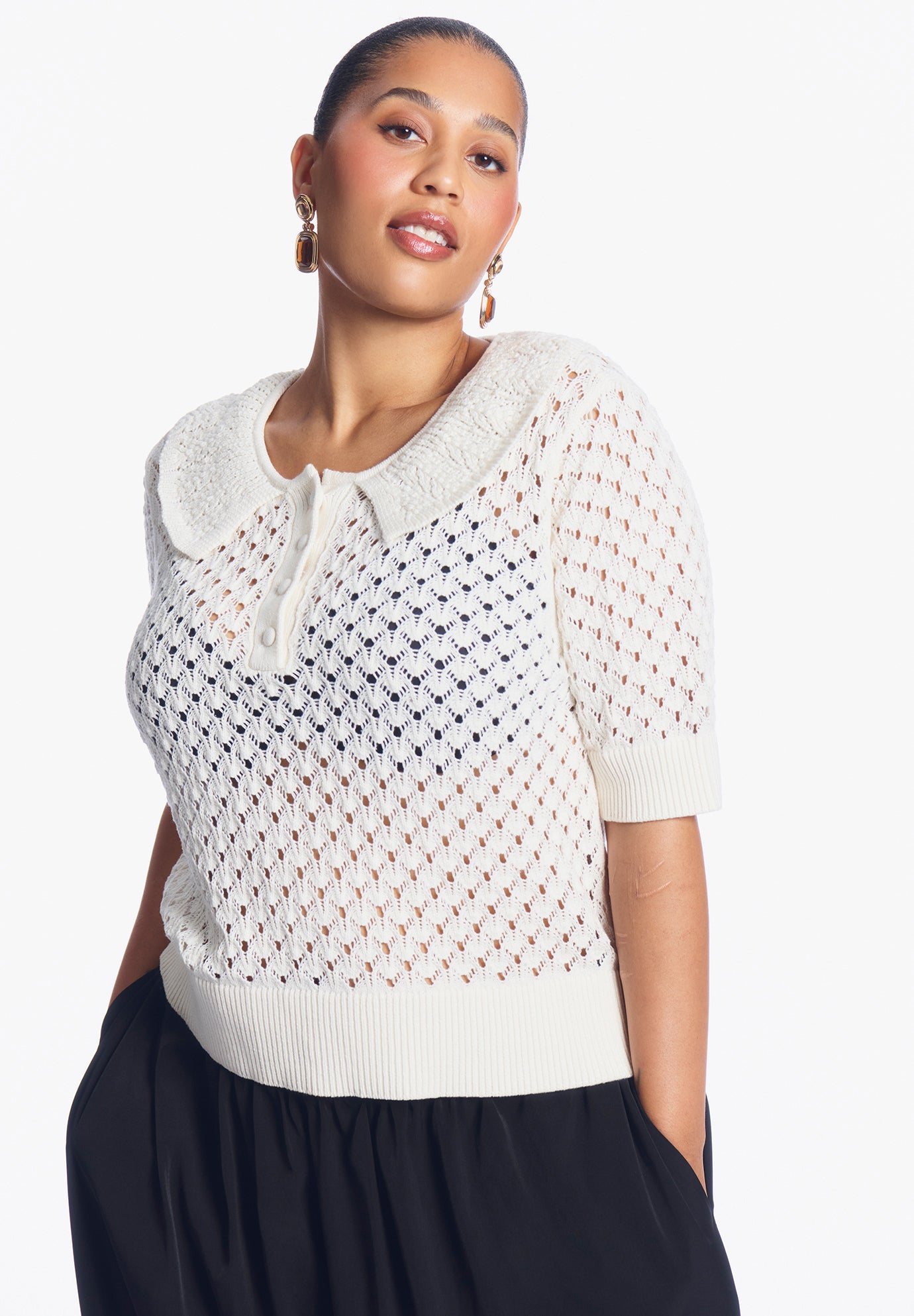 Lace-Trim Pointelle Sweater Top image number 1