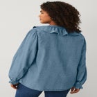 Button-Front Ruffle V-Neck Denim Shirt image number null