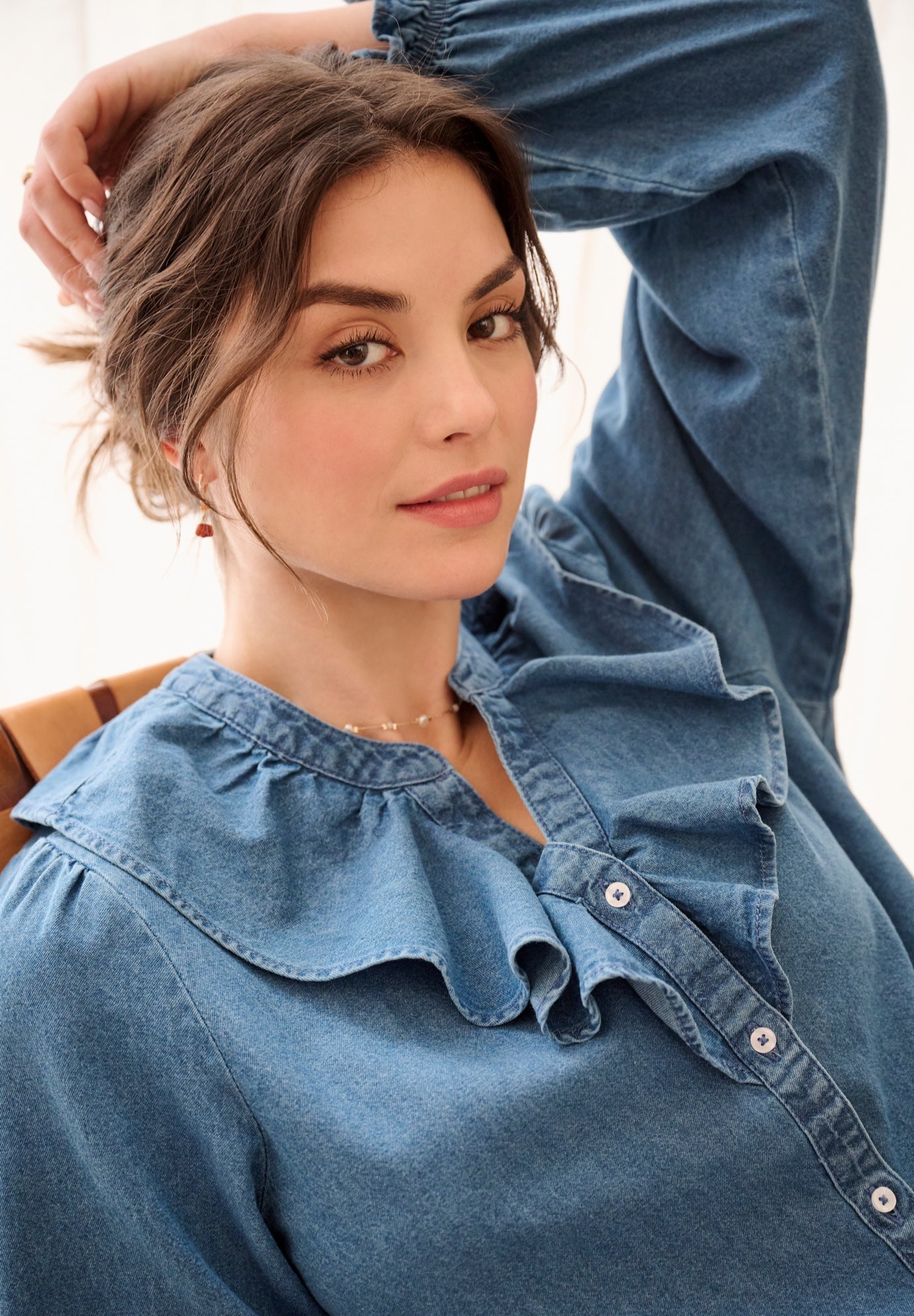 Button-Front Ruffle V-Neck Denim Shirt image number 2