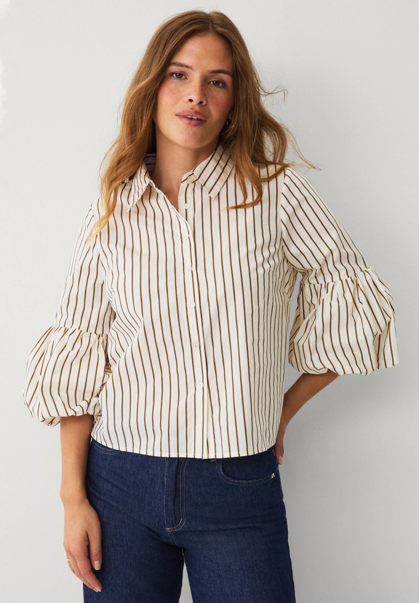 Button-Front Three-Quarter Puff Sleeve Shirt image number 0