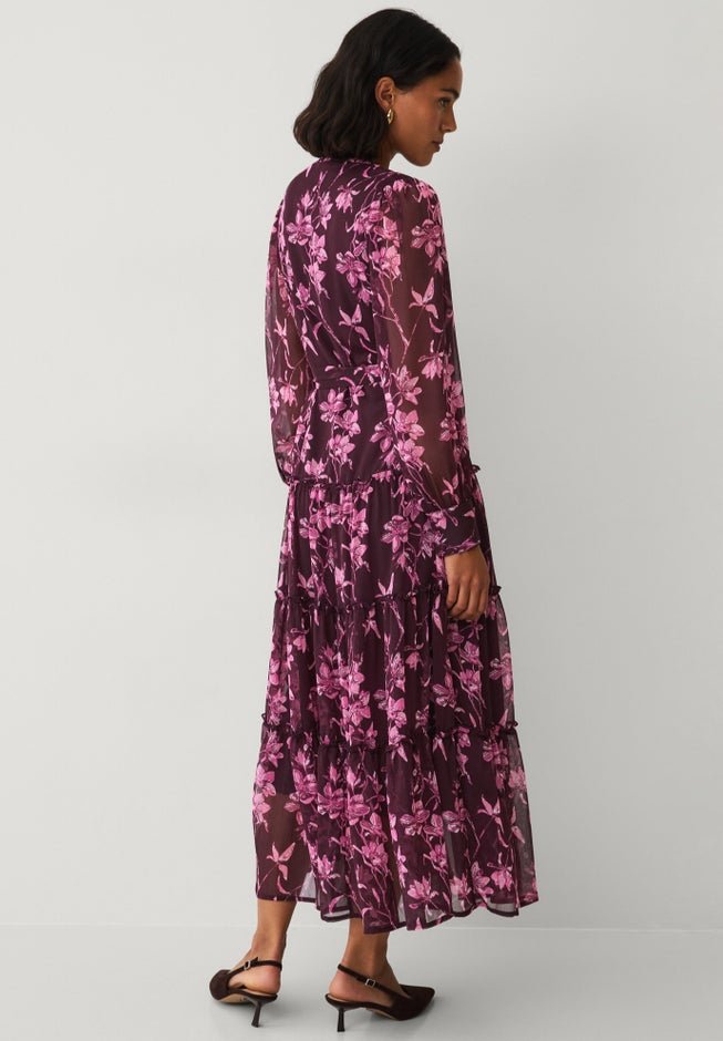 V Neck Button-front Tiered Sheer Overlay Maxi Dress image number 1