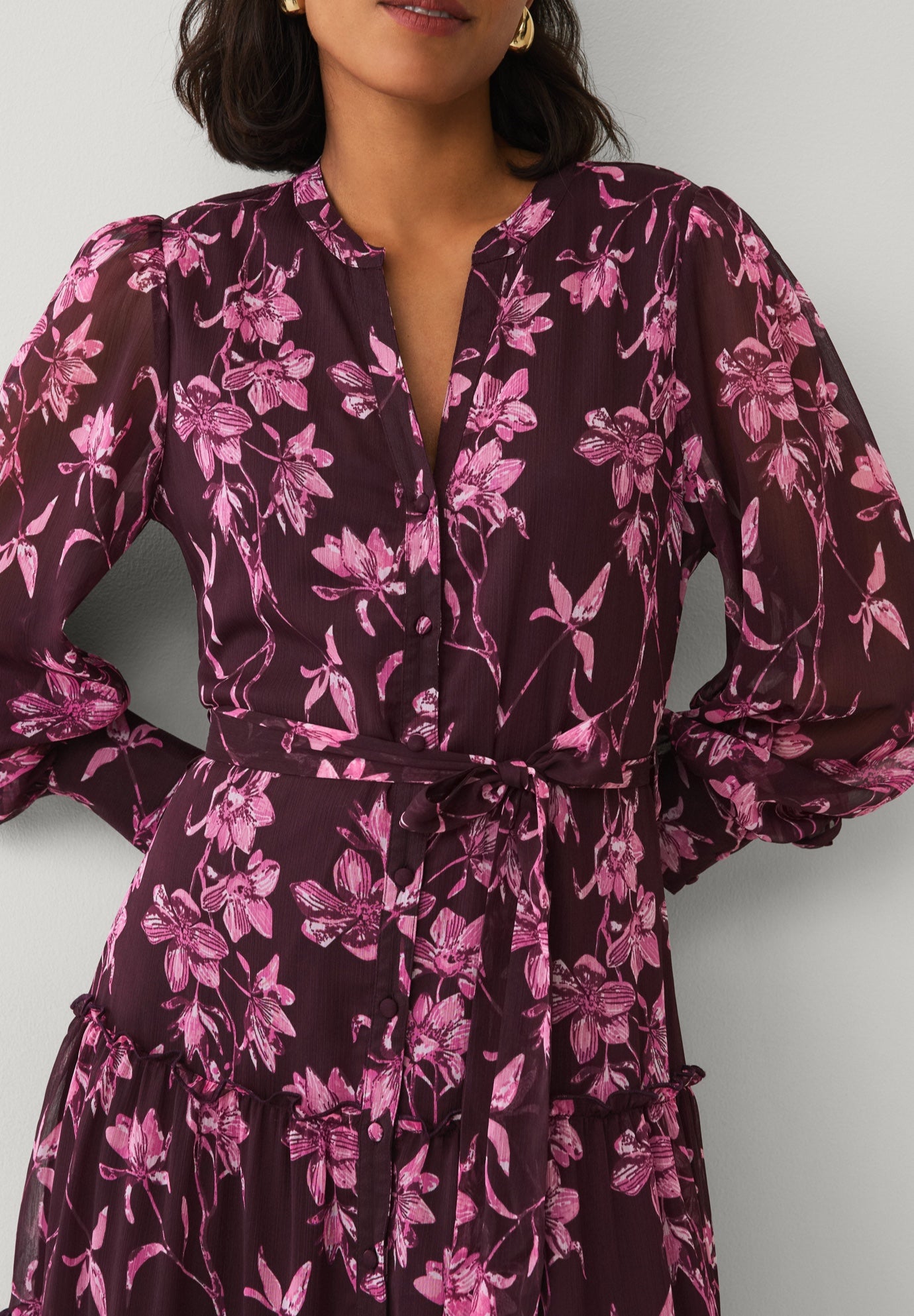 V Neck Button-front Tiered Sheer Overlay Maxi Dress image number 2