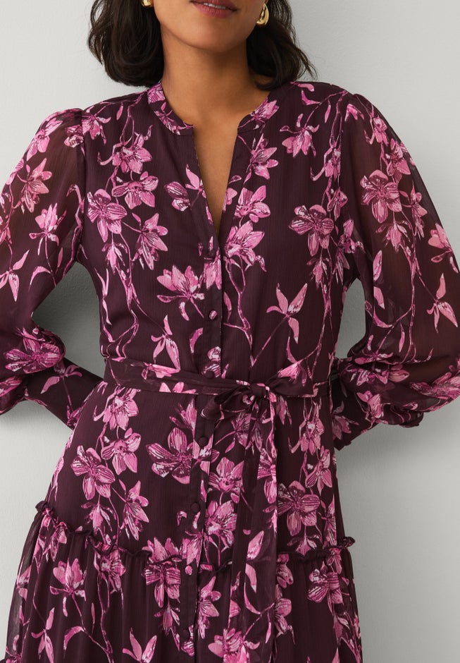 V Neck Button-front Tiered Sheer Overlay Maxi Dress image number 2