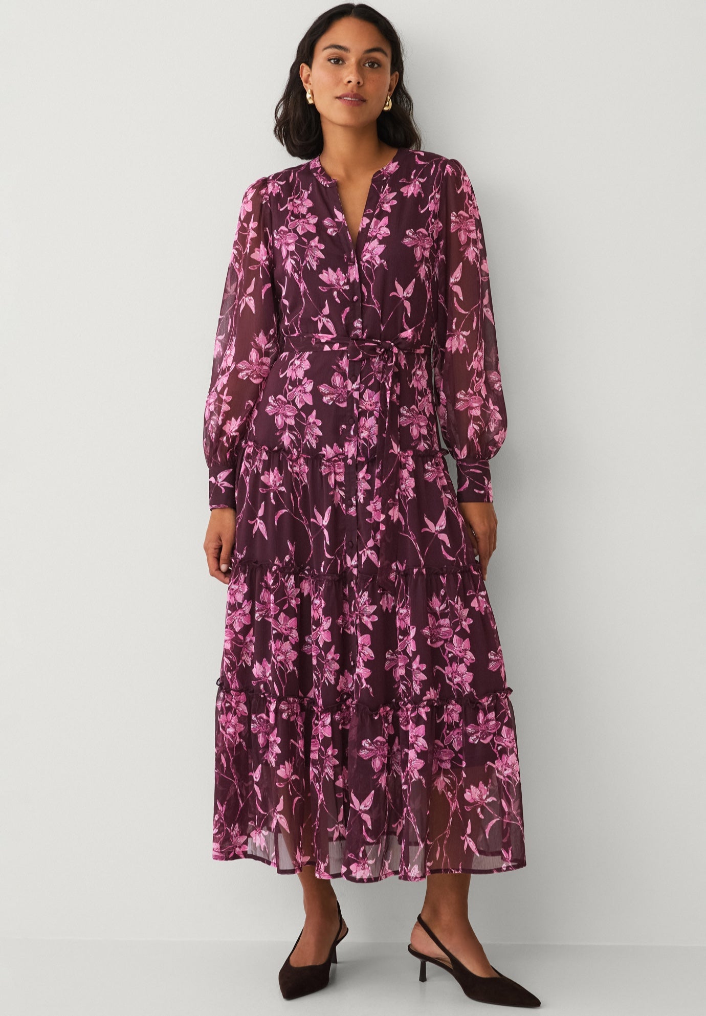 V Neck Button-front Tiered Sheer Overlay Maxi Dress image number 0
