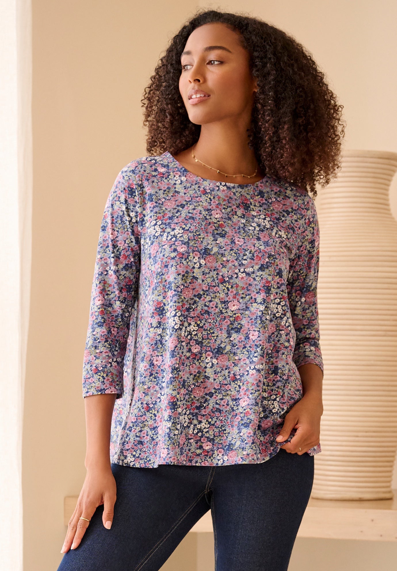Cotton Jersey Slub Three-Quarter Sleeve Trapeze Tee image number 0