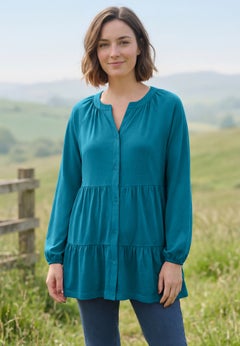 Tiered A-Line Button-Down Long-Sleeve Knit Tunic