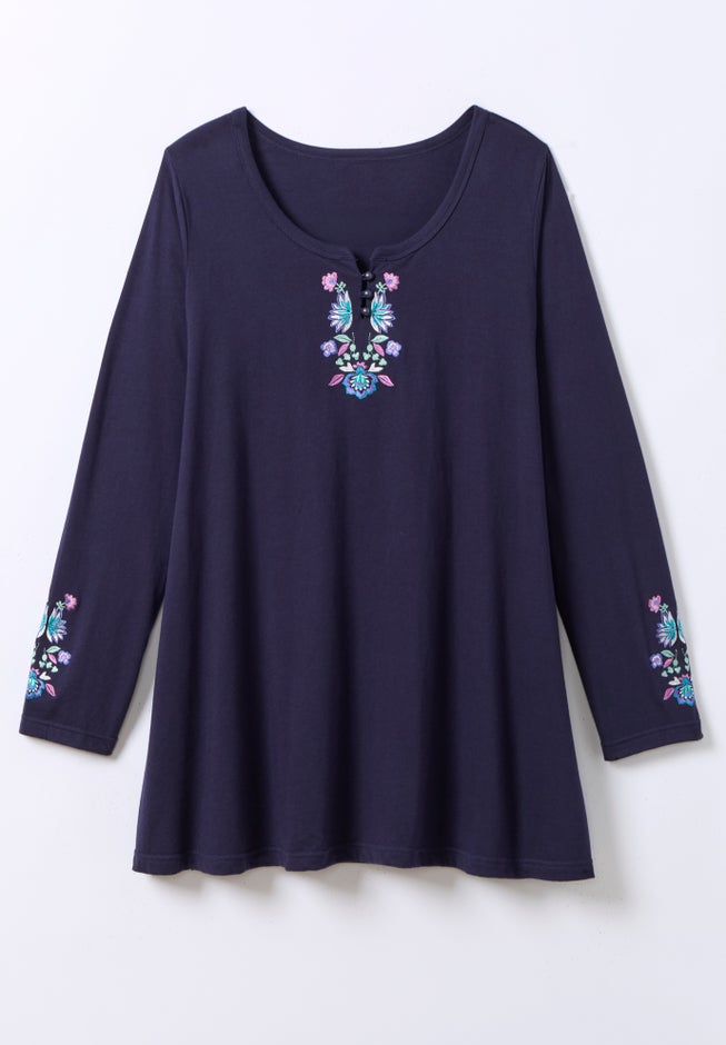 Embroidered Long-Sleeve Swing Tunic image number 1