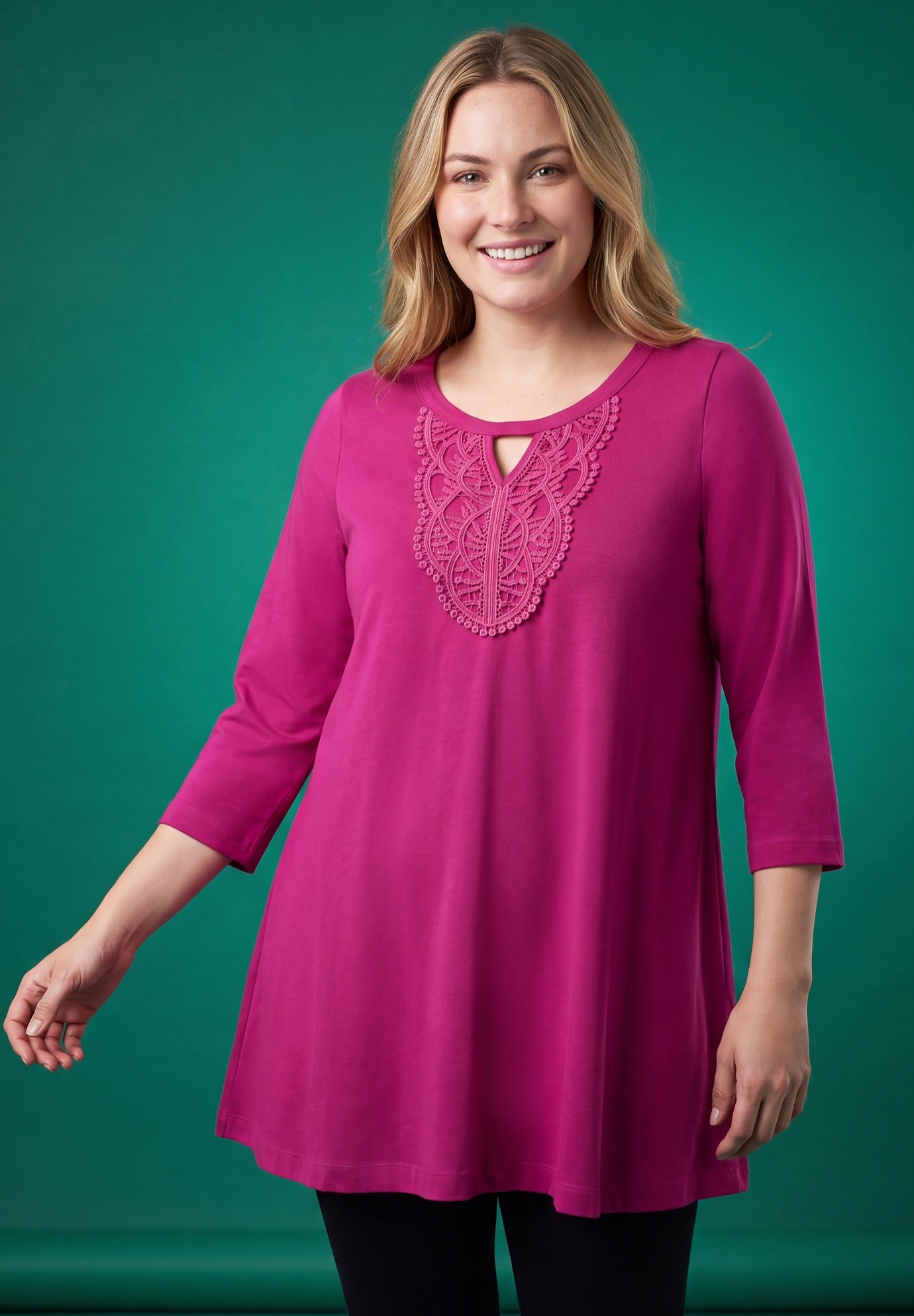 Crochet-Detailed Keyhole Neck Swing Tunic image number 0
