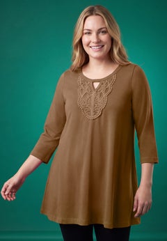 Crochet-Detailed Keyhole Neck Swing Tunic