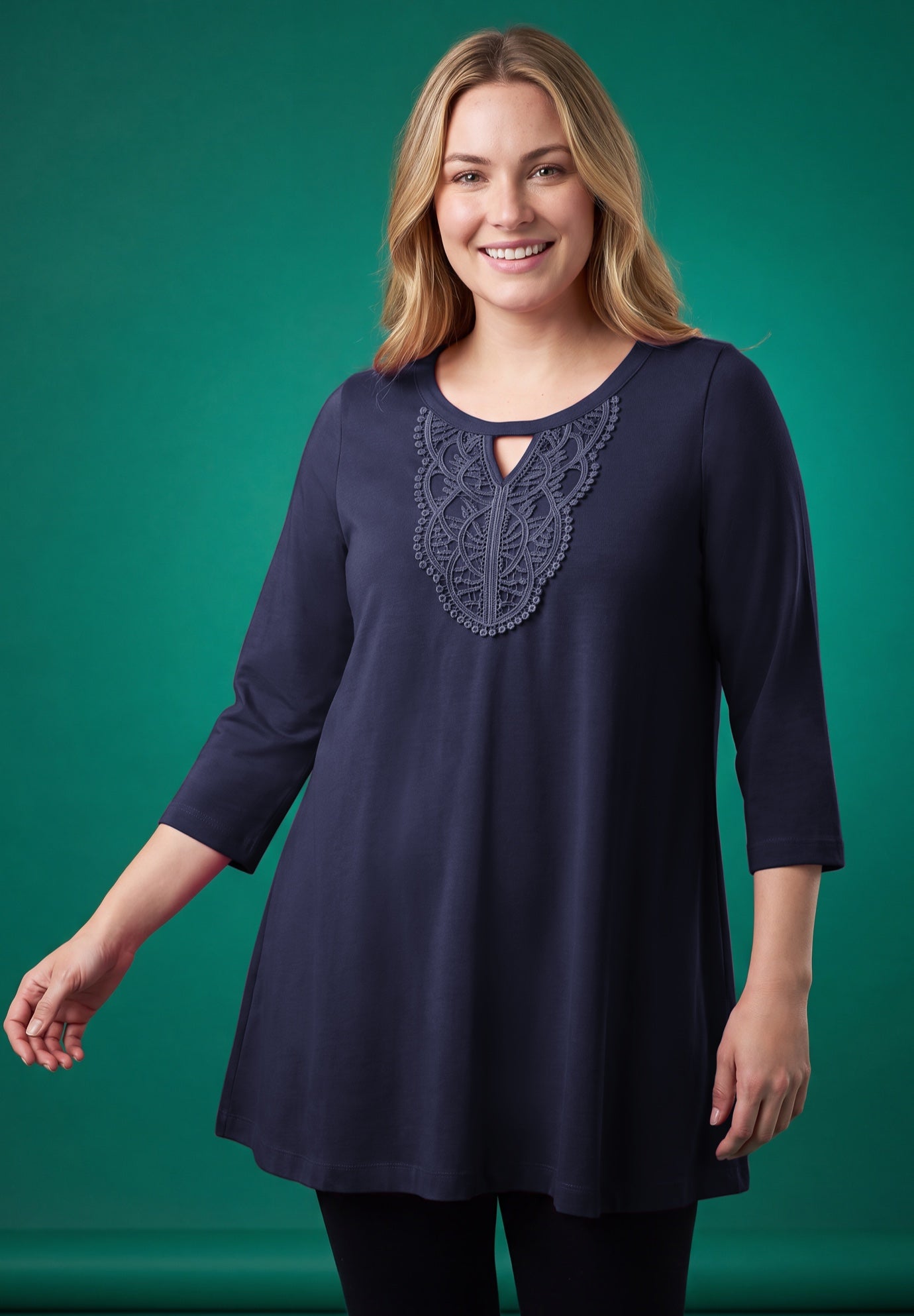 Crochet-Detailed Keyhole Neck Swing Tunic image number 0