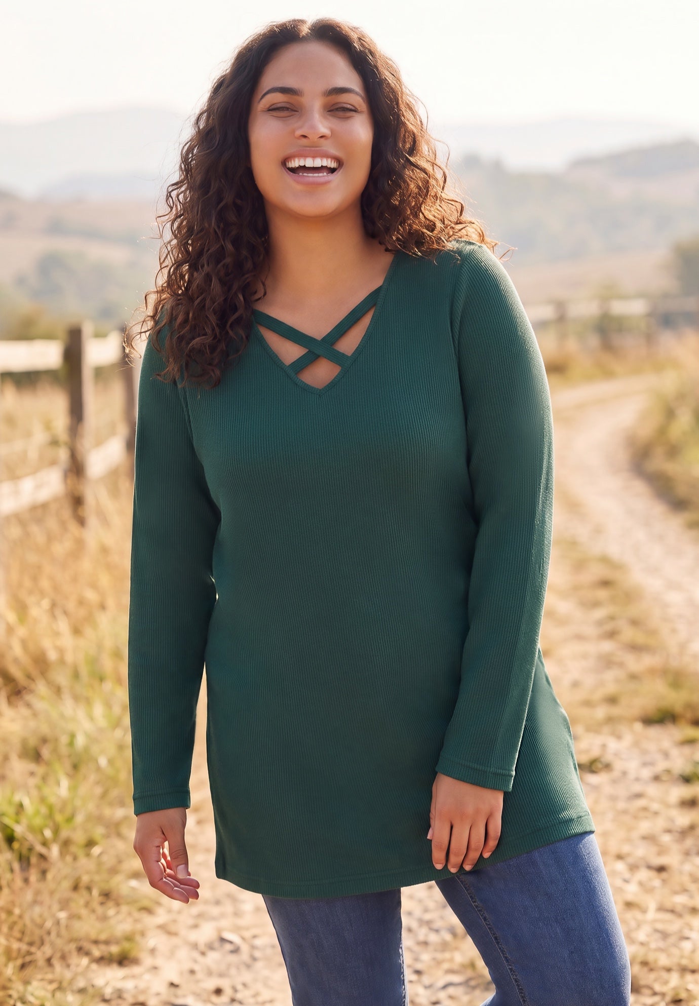 Criss-Cross V-Neck Waffle Knit Thermal Tunic image number 0