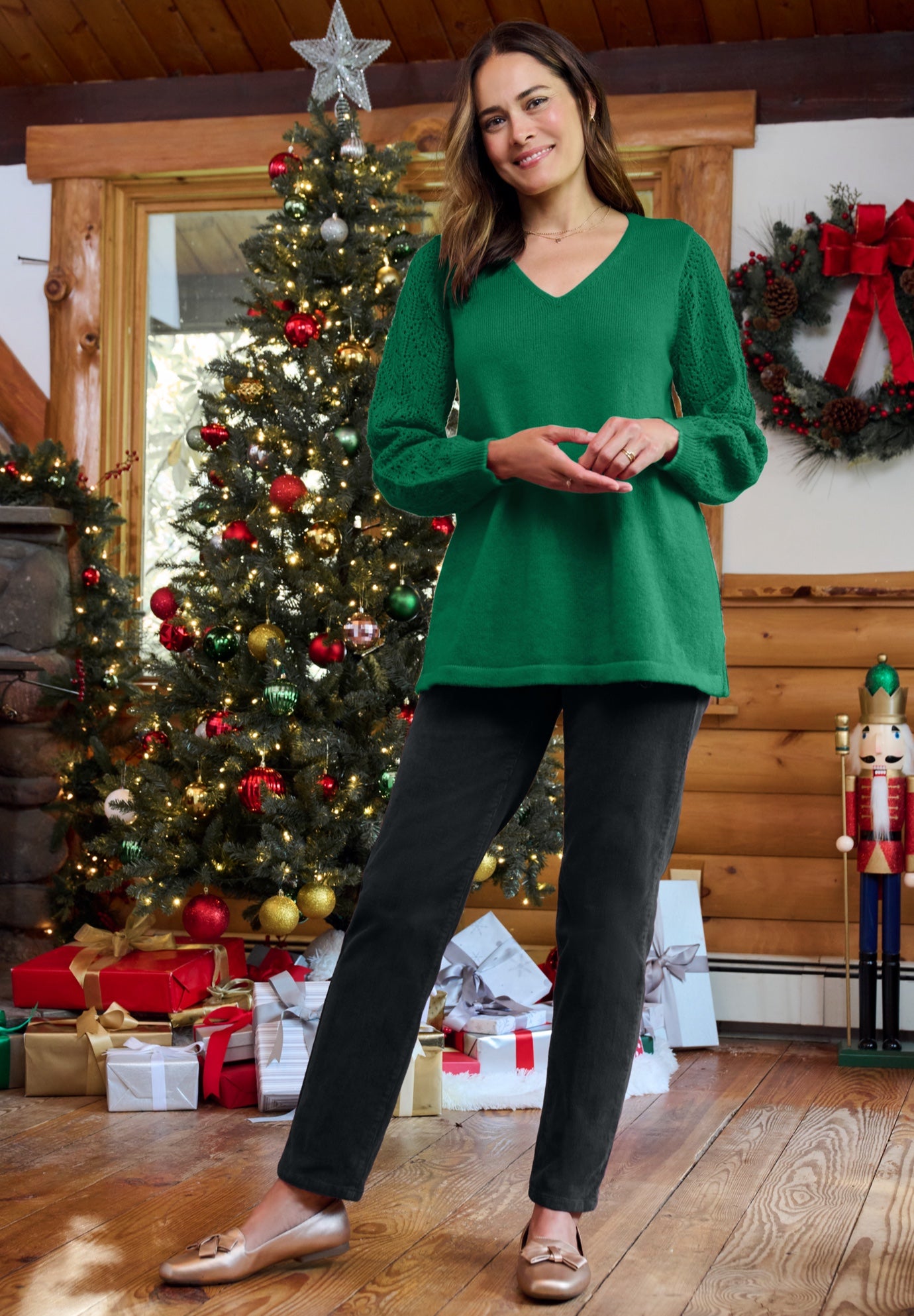 Pointelle Blouson-Sleeve A-Line Sweater image number 0