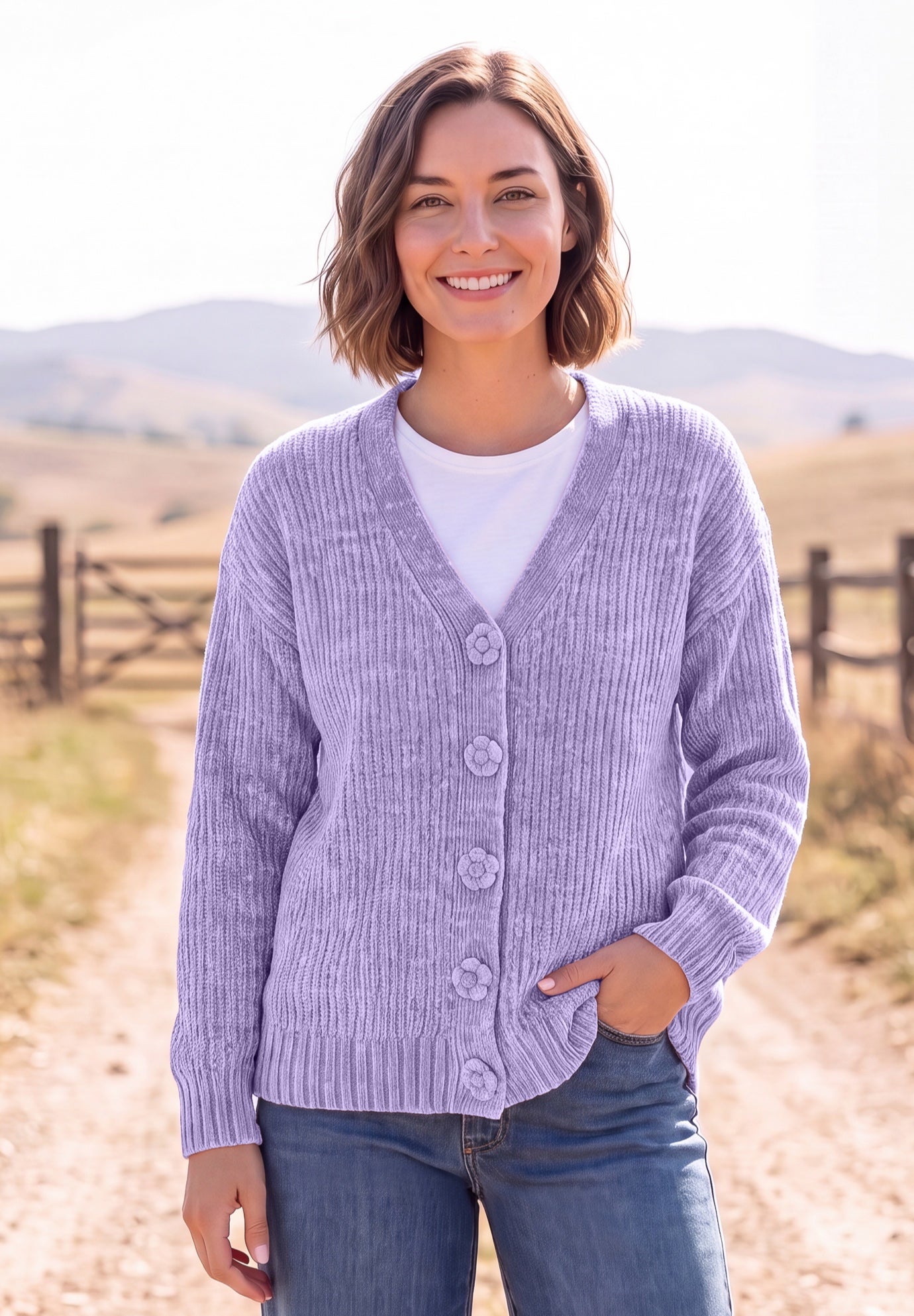 Chenille Flower-Button Sweater Cardigan image number 0
