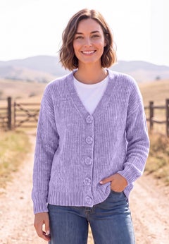 Chenille Flower-Button Sweater Cardigan