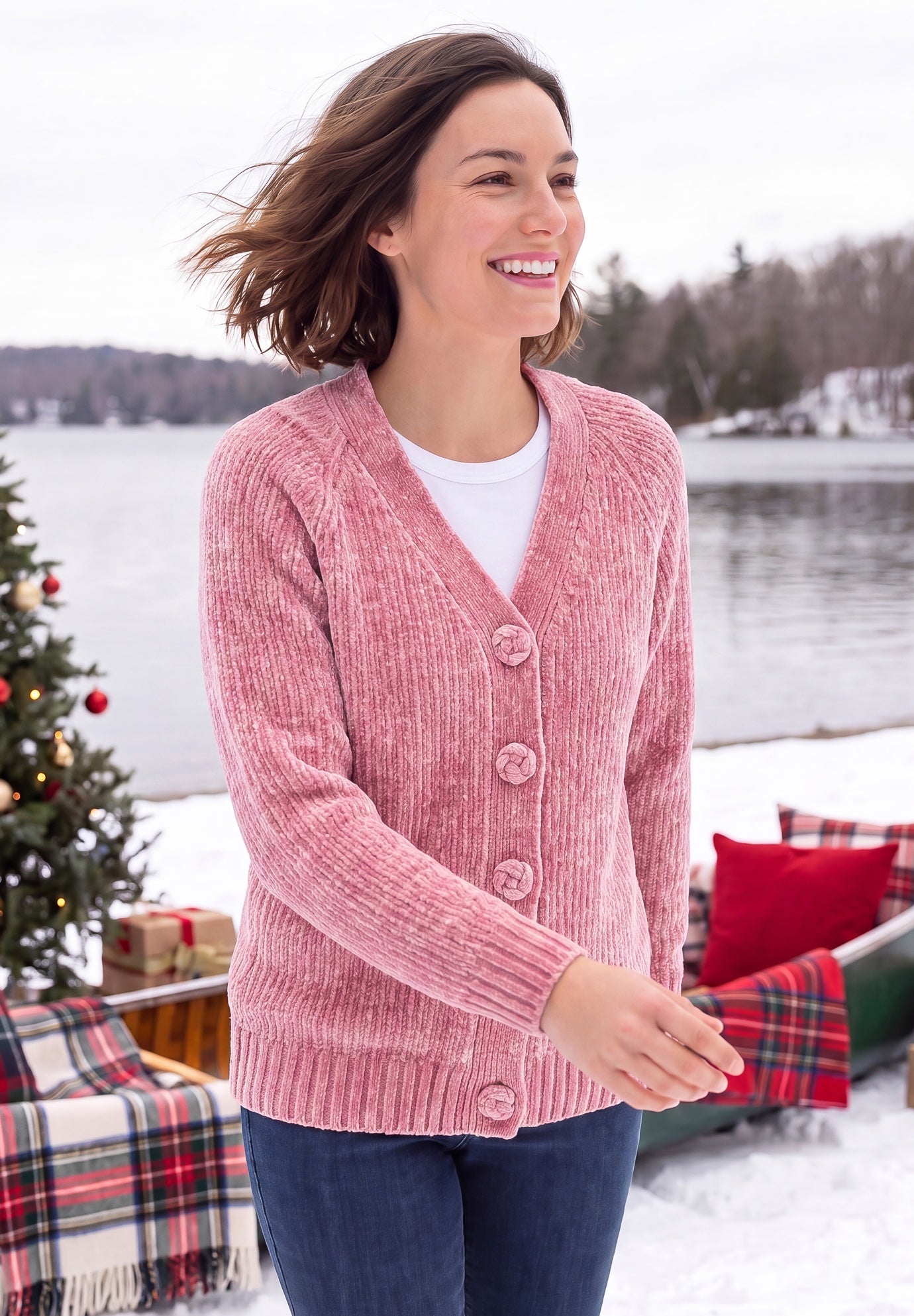 Chenille Flower-Button Sweater Cardigan image number 0