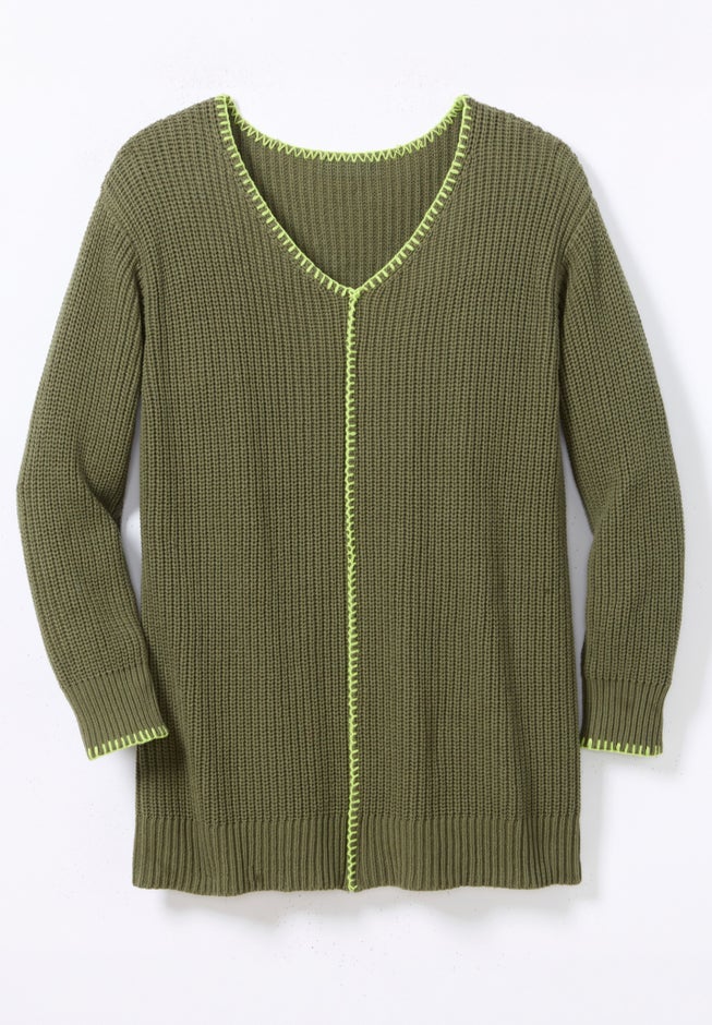 Modern Contrast V Neck Knit Pullover Tunic image number 1