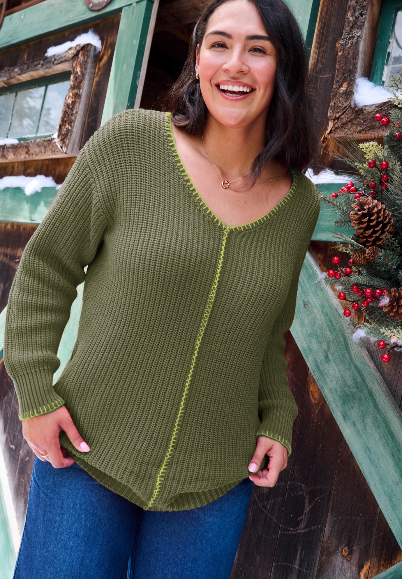 Modern Contrast V Neck Knit Pullover Tunic image number 0