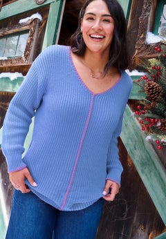 Modern Contrast V Neck Knit Pullover Tunic