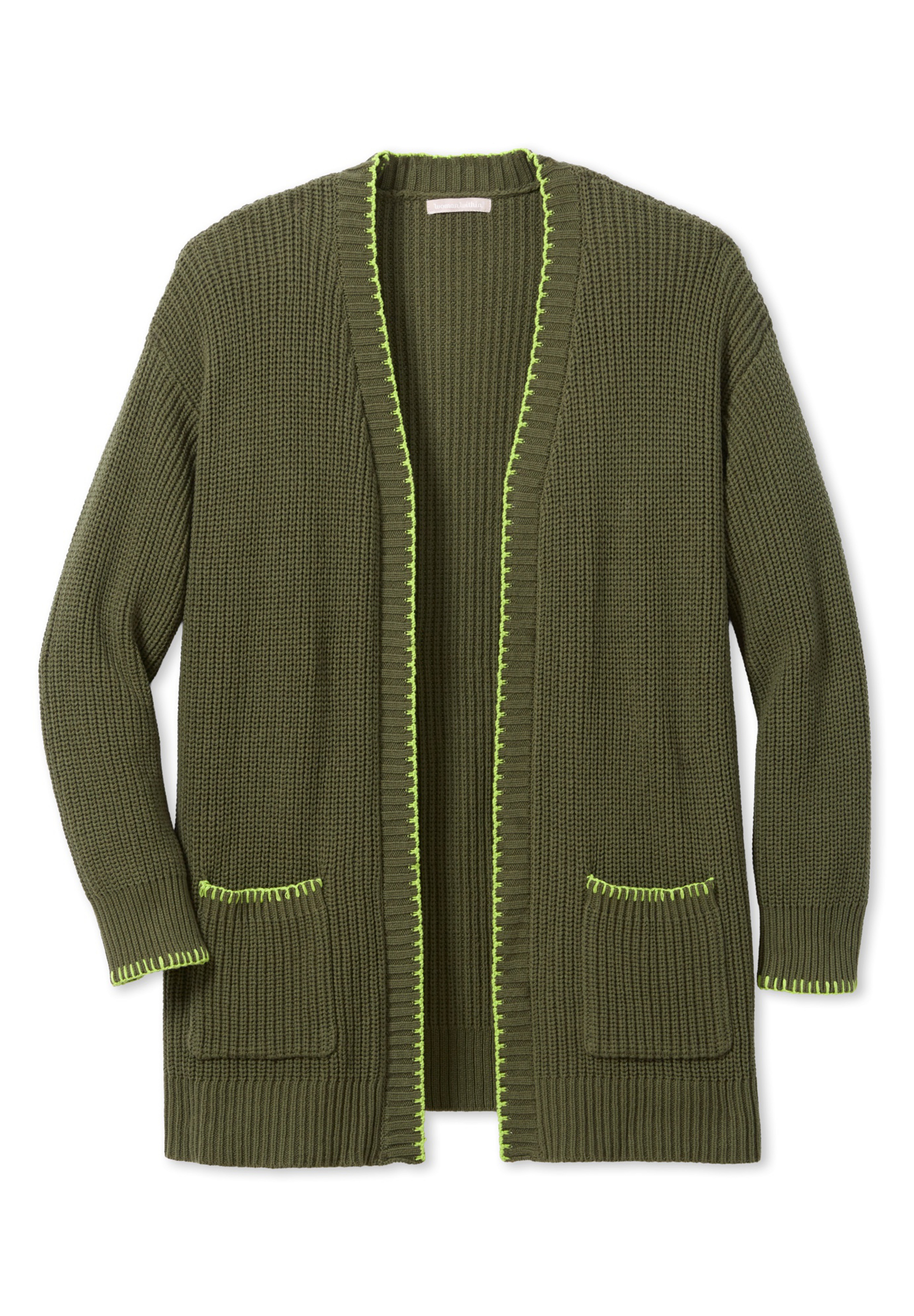 Contrast-Stitch Front-Pocket Shaker Knit Cardigan image number 3