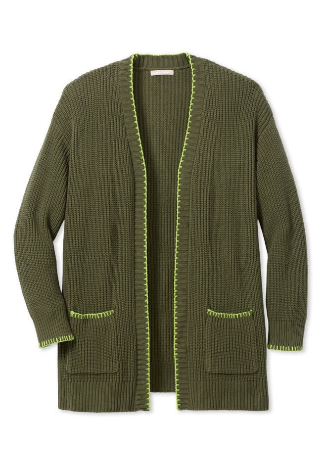 Contrast-Stitch Front-Pocket Shaker Knit Cardigan image number 3