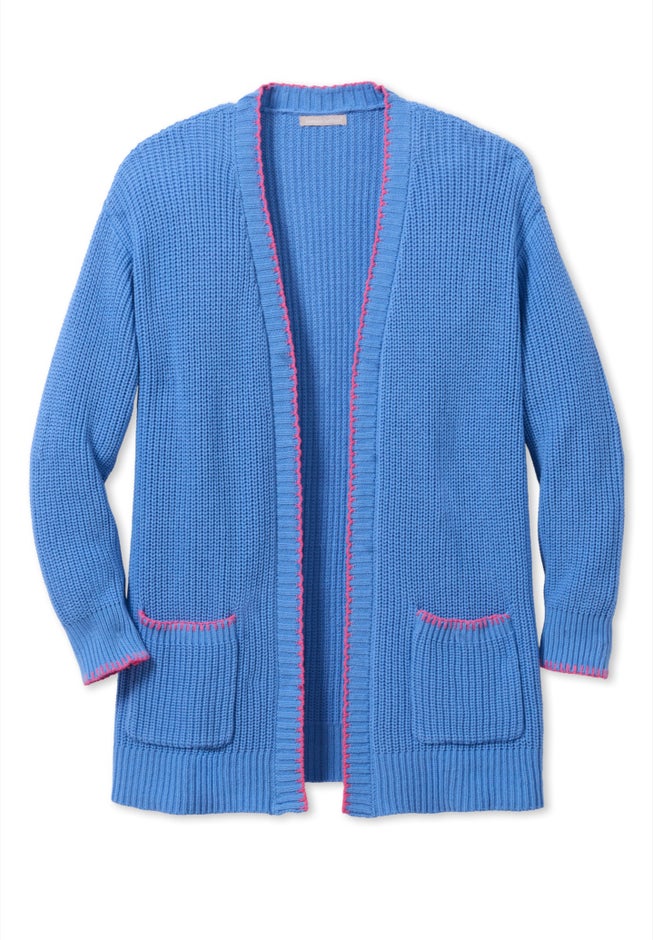 Contrast-Stitch Front-Pocket Shaker Knit Cardigan image number 2