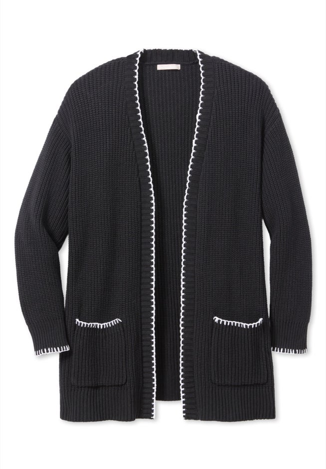 Contrast-Stitch Front-Pocket Shaker Knit Cardigan image number 1