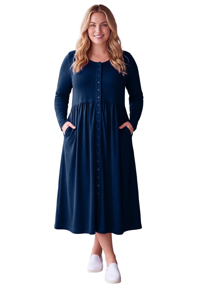 Long-Sleeve Button-Front Knit Dress image number 2
