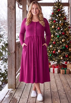 Long-Sleeve Button-Front Knit Dress
