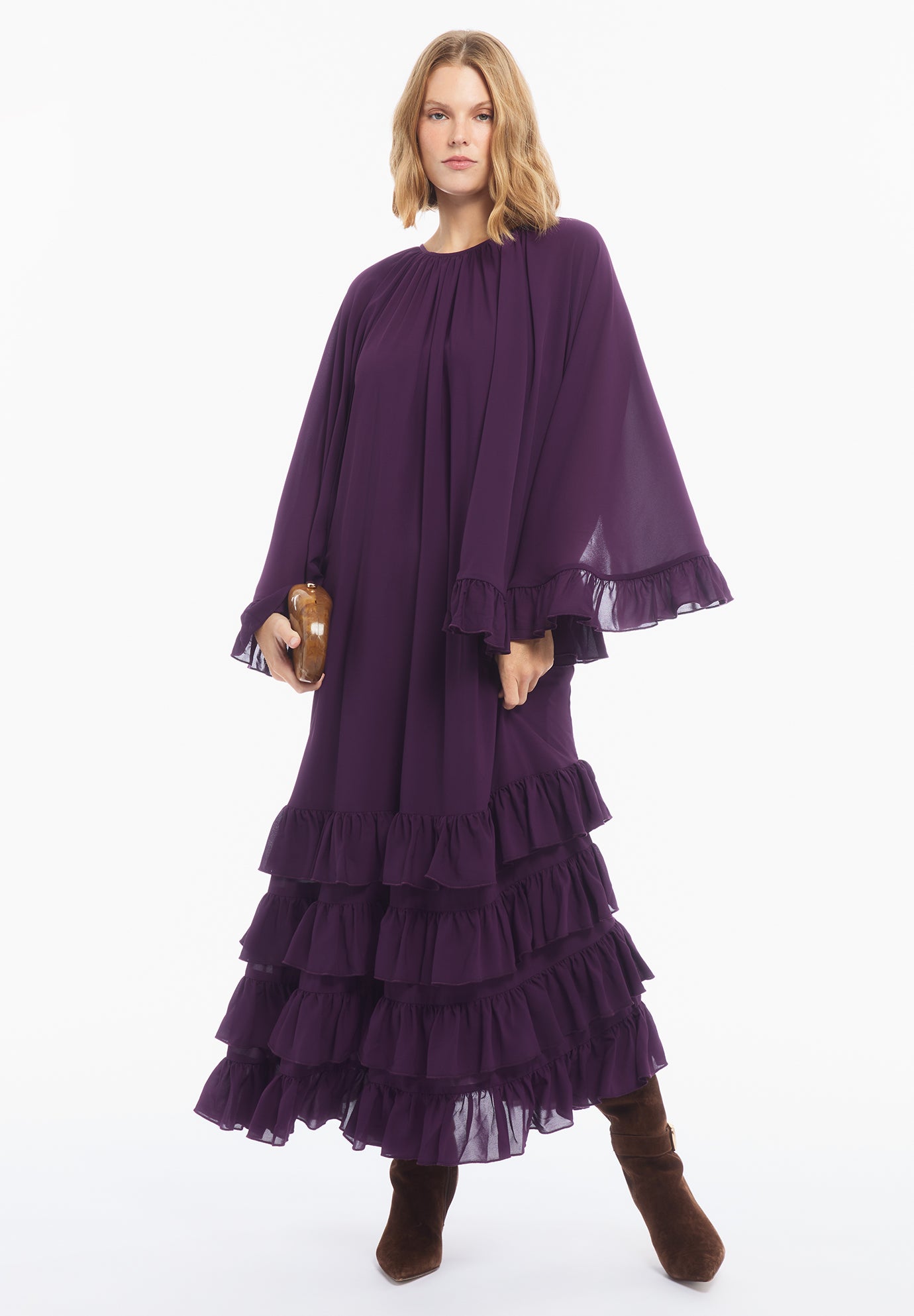 Ruffled Georgette Gown With Cape image number 1