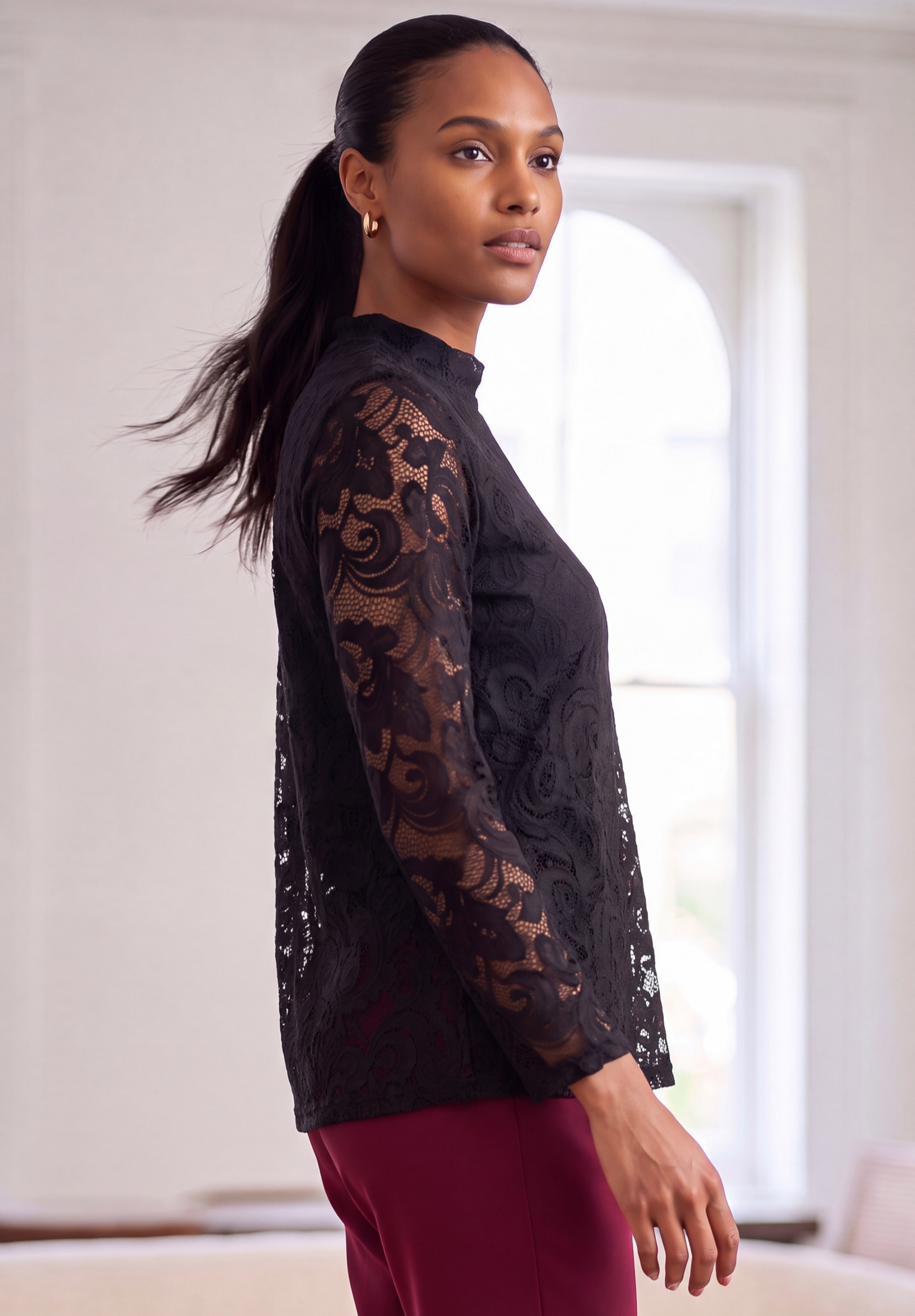 Stretch Lace Mock Neck Top image number 1
