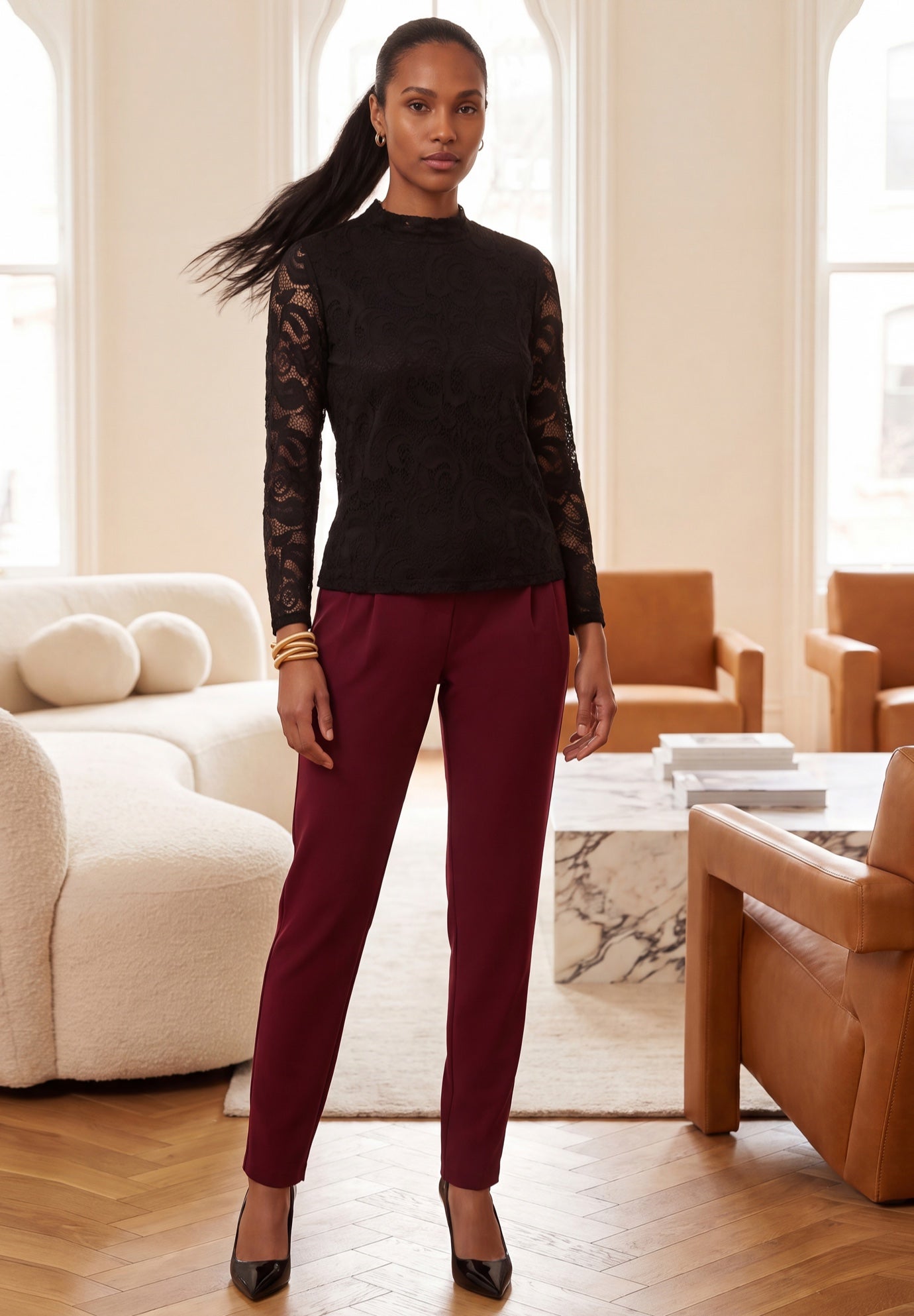 Stretch Lace Mock Neck Top image number 1
