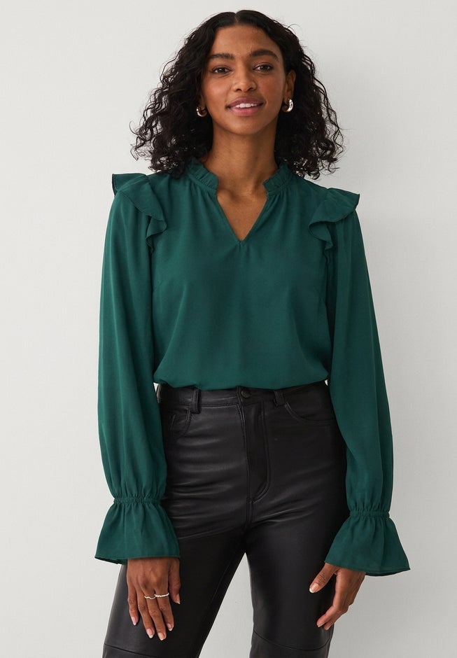 Notch Neck Ruffle Shoulder Peasant Tunic image number 3